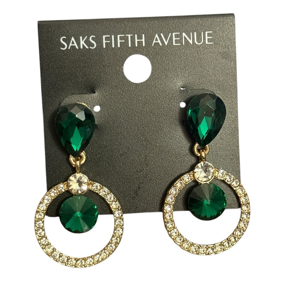 Saks Fifth Avenue Gold Emerald Green Crystal Drop Earrings